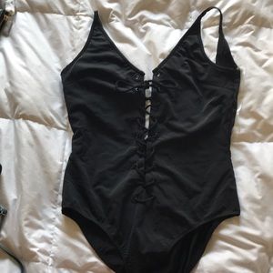 Black lace up one piece swimsuit